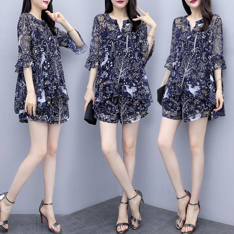 Set Áo Thun Tay Ngắn + Quần Short Vải Voan In Họa Tiết Xinh Xắn Cho Nữ | BigBuy360 - bigbuy360.vn