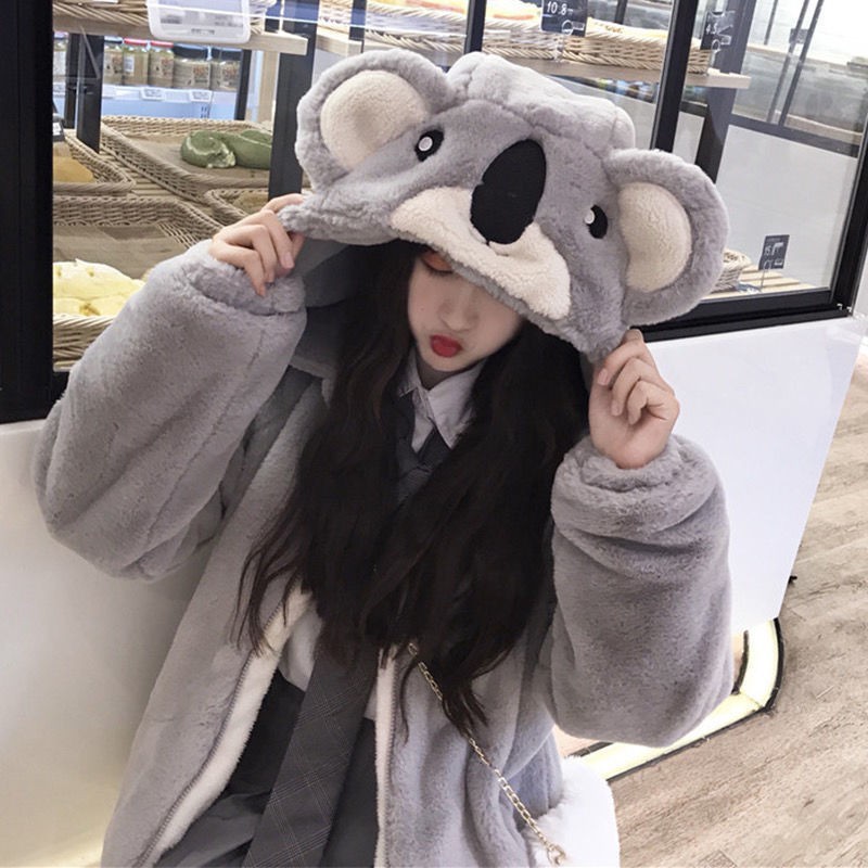 ▣✆■Áo Khoác Lông Cừu Dày Dáng Rộng Có Nón Tai Gấu Koala Dễ Thương Cho Nữ