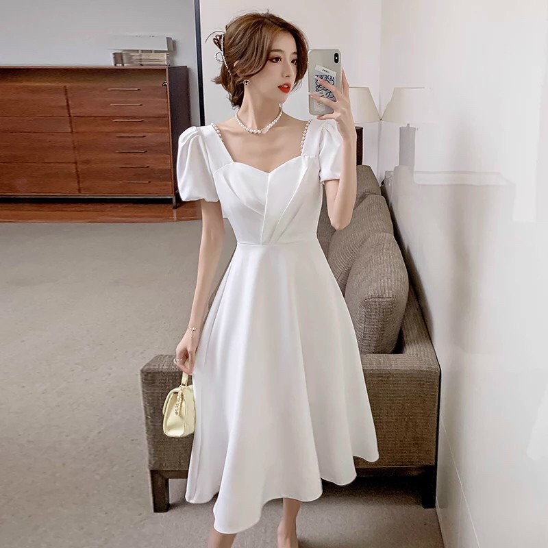ĐẦM VÁY THỜI TRANG NỮ DẠ HỘI CỔ TIM XẾP LY TAY NGẮN CÓ ĐÍNH CƯỜM