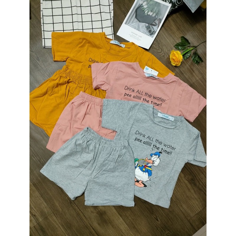 [XẢ KHO]-Bộ cotton in hình vịt áo cộc quần sóc cho bé