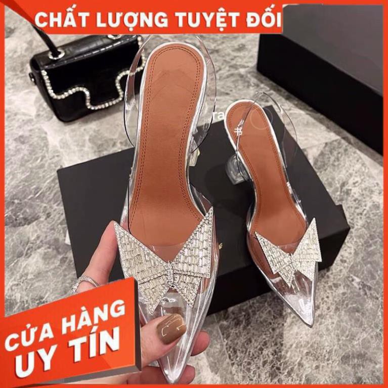 ĐẸP ĐỘC LẠ Giày cao gót nữ trong suốt mũi nhọn nơ gót nhọn vuông quai sau SIÊU HOT