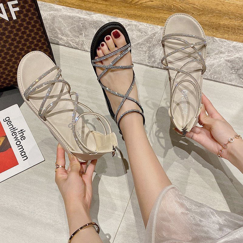Giày sandal IELGY đế bằng đính đá phong cách thần tiên thời trang Hàn Quốc cho nữ