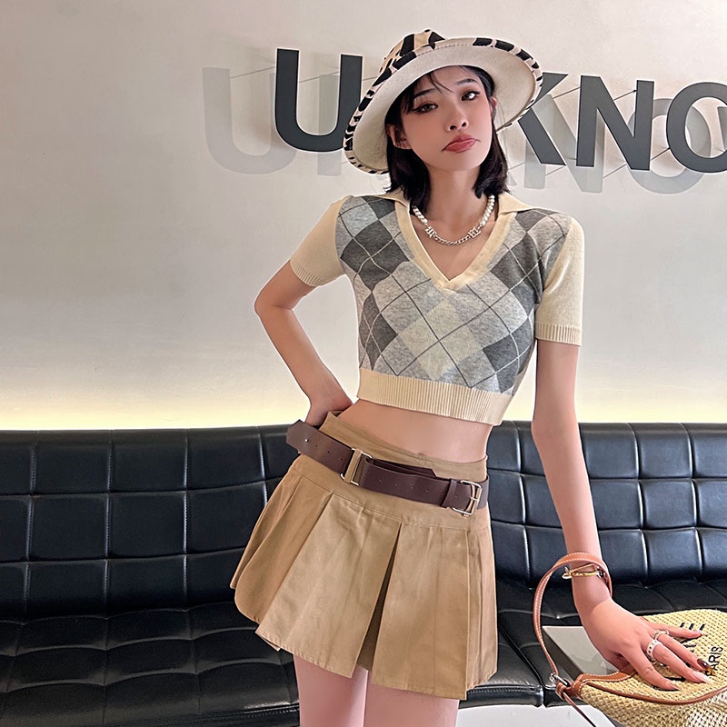 QADCOL   Áo Len Tay Ngắn Cổ Chữ V Đính Đá Phong Cách Thời Trang Hàn Quốc Cho Nữ