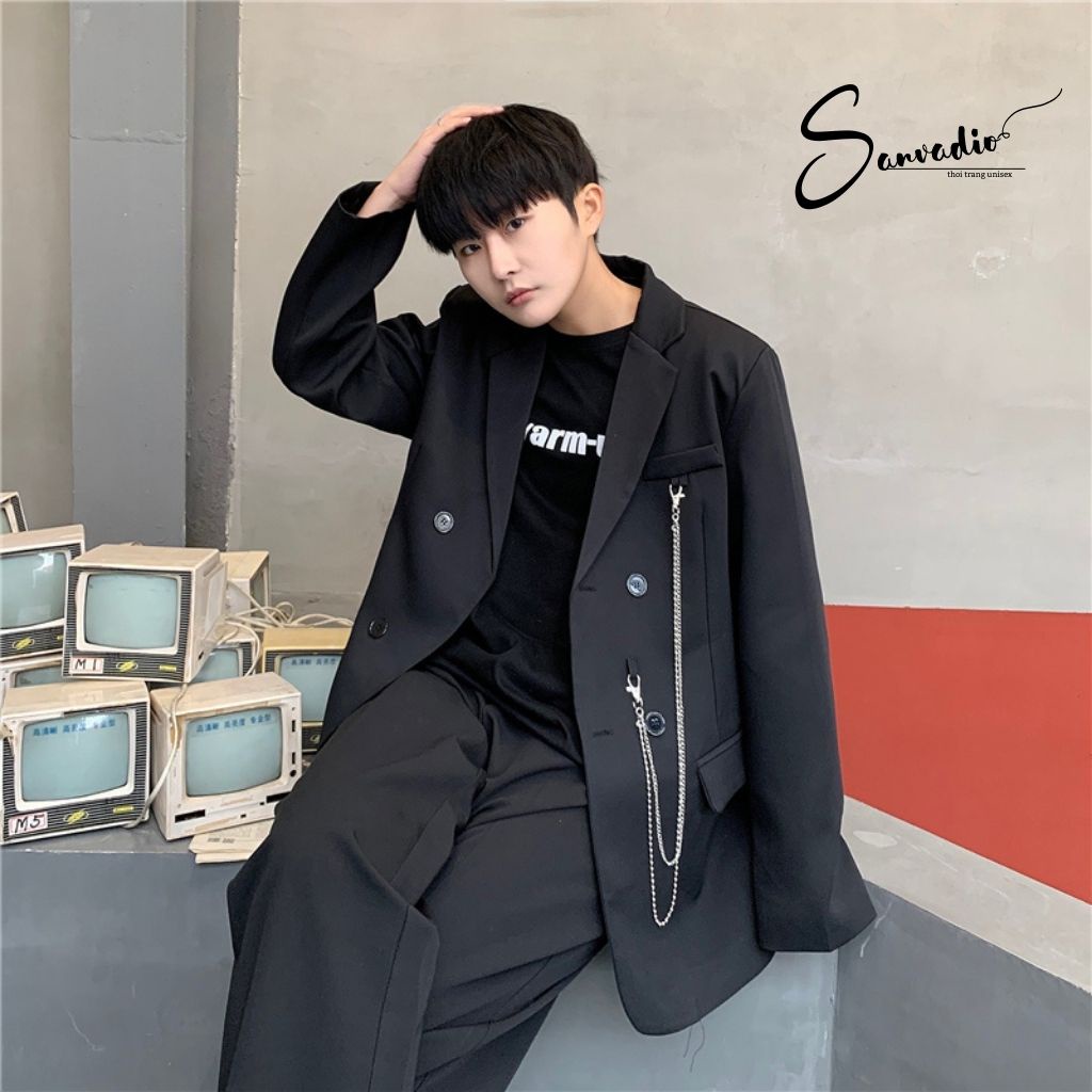 Áo Blazer Nam SANVADIO Áo khoác nam phong cách Hàn Quốc kèm phụ kiện dây xích áo form rộng phù hợp cho cả nam nữ BLZ283