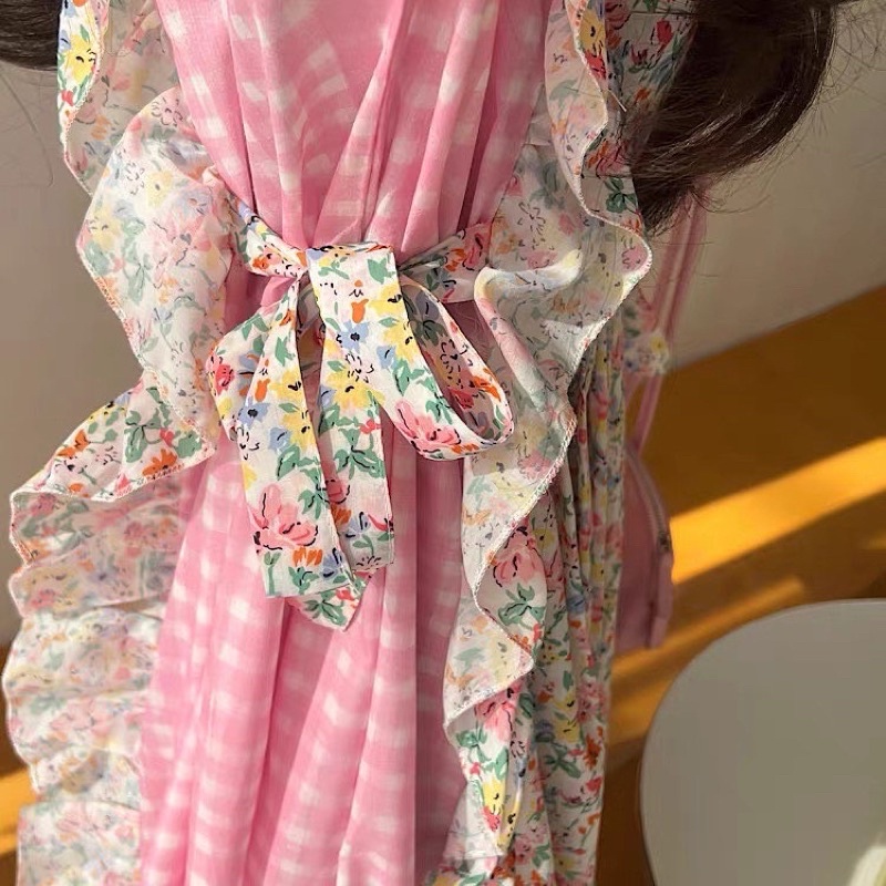 Váy Caro Hồng Phối Hoa