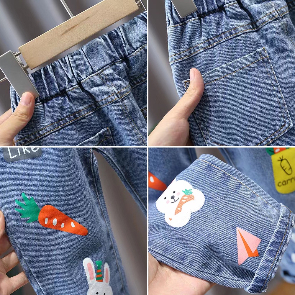 Quần Jean Dài Thêu Hình Thỏ Và Hoa Hoạt Hình Cho Bé Gái 0-9 Tuổi