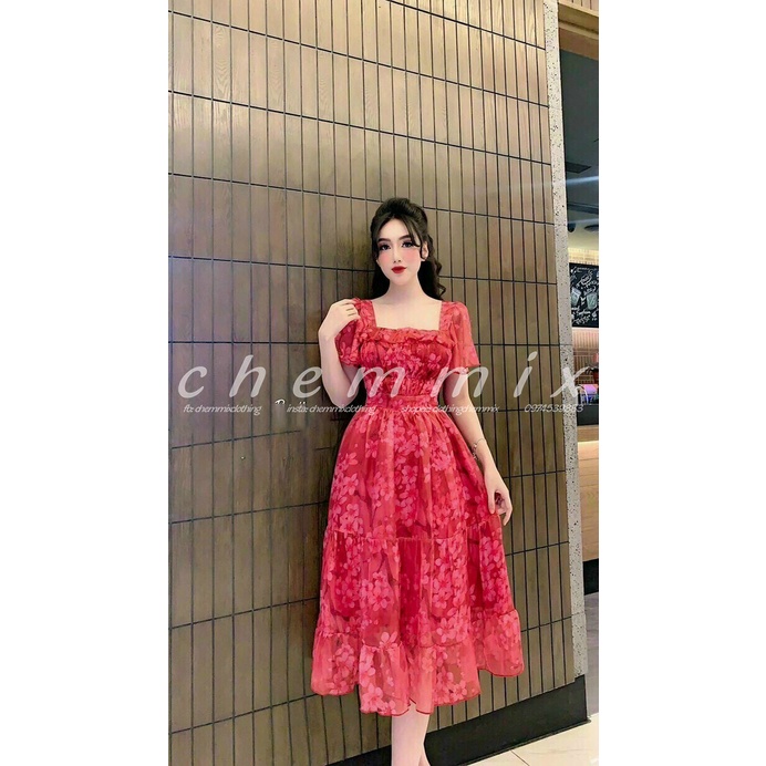 Đầm cổ vuông tay phồng hoa đỏ ChemMix thiết kế siêu xinh cho nàng dự tiệc, dạ hội, dạo phố