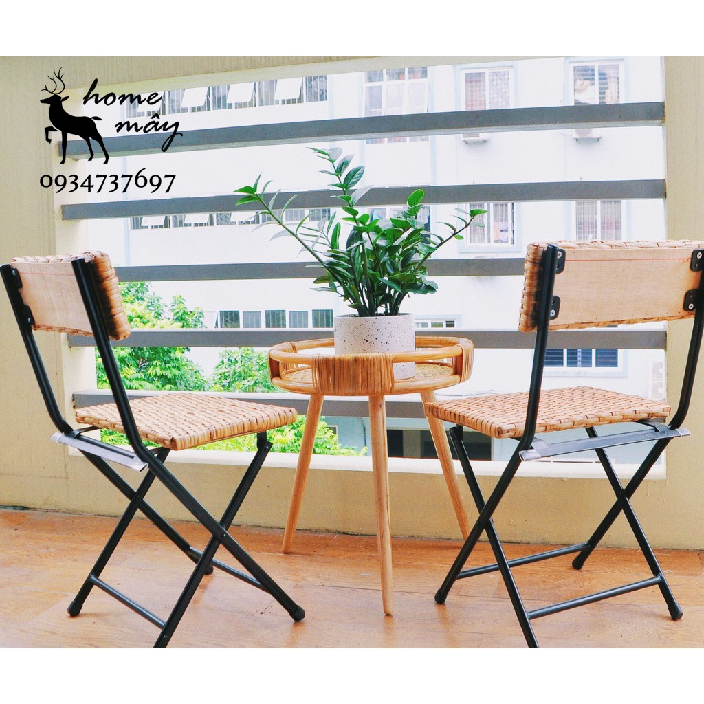 [combo siêu rẻ] combo bàn ghế vỏ mây đan xếp gọn kết hợp bàn gỗ nguyên tấm, phù hợp làm quán Cafe / ban công / Homes