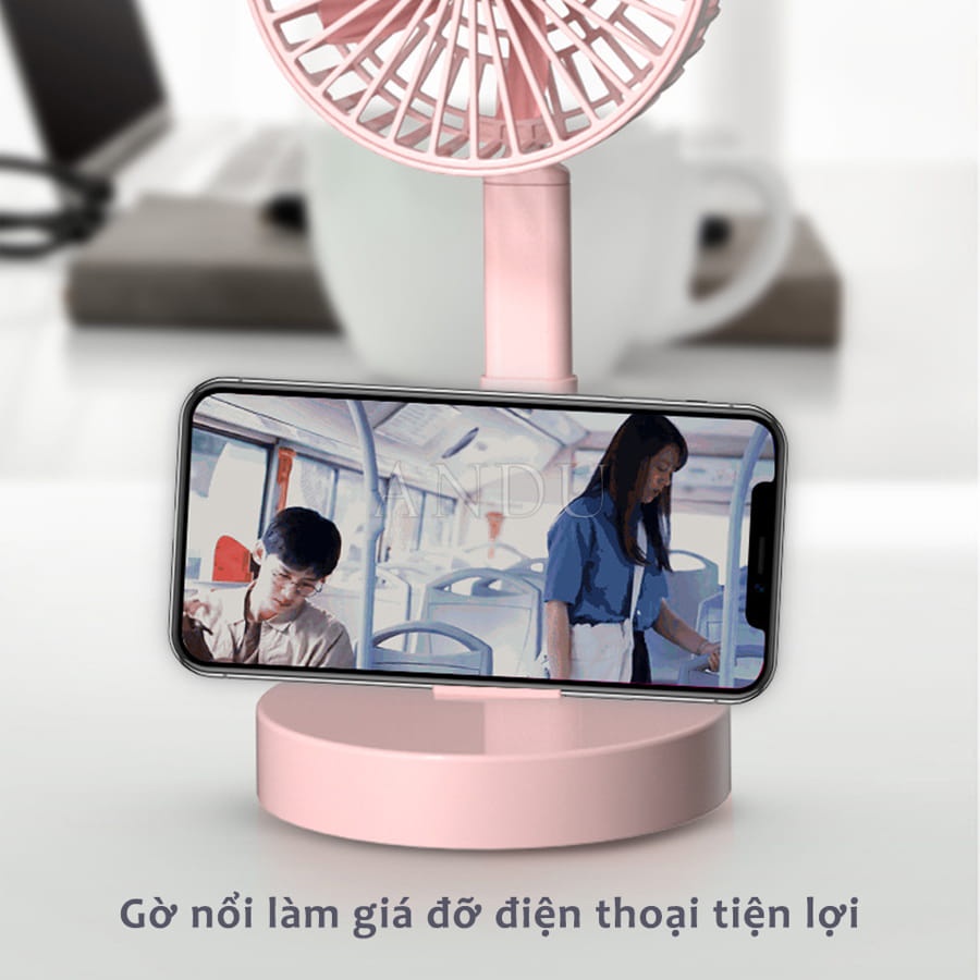 Quạt Tích Điện Gấp Gọn Super 3 Tốc Độ Gió, Quạt Mini Để Bàn Xoay 180 Độ, Có Thể Kéo Dài ,Cổng Sạc USB Tiện Dụng