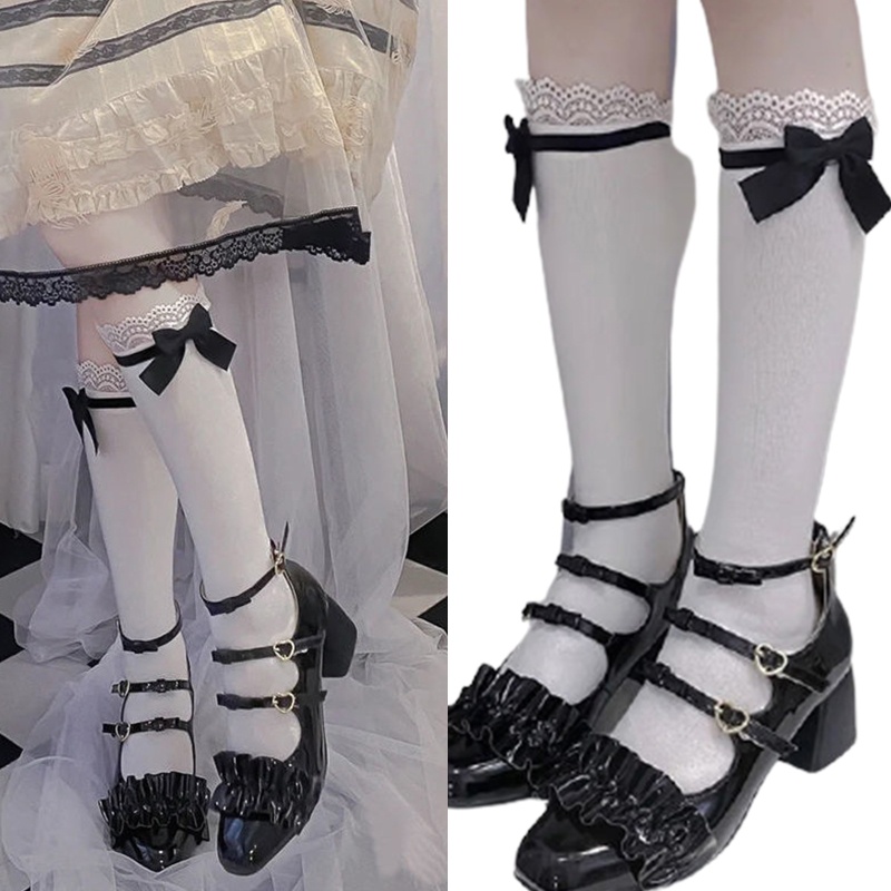 XIXI Tất Cotton Dài Qua Gối Họa Tiết Cô Hầu Gái Dễ Thương Phong Cách Lolita