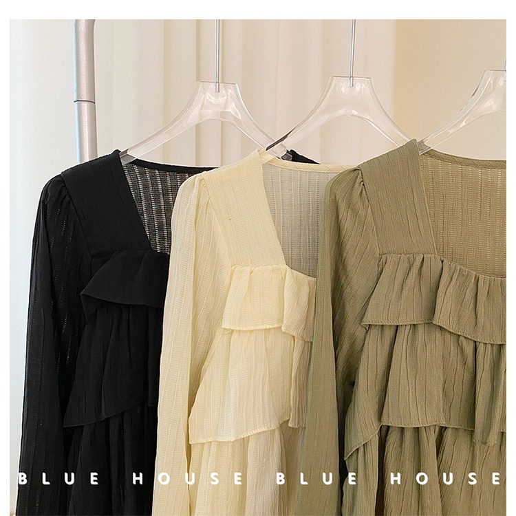 Áo Sơ Mi Tay Dài Cổ Vuông Xếp Ly Phong Cách Hàn Quốc Cho Nữ Baju Baju Wanita Lengan Panjang Hàng Mới Có Sẵn