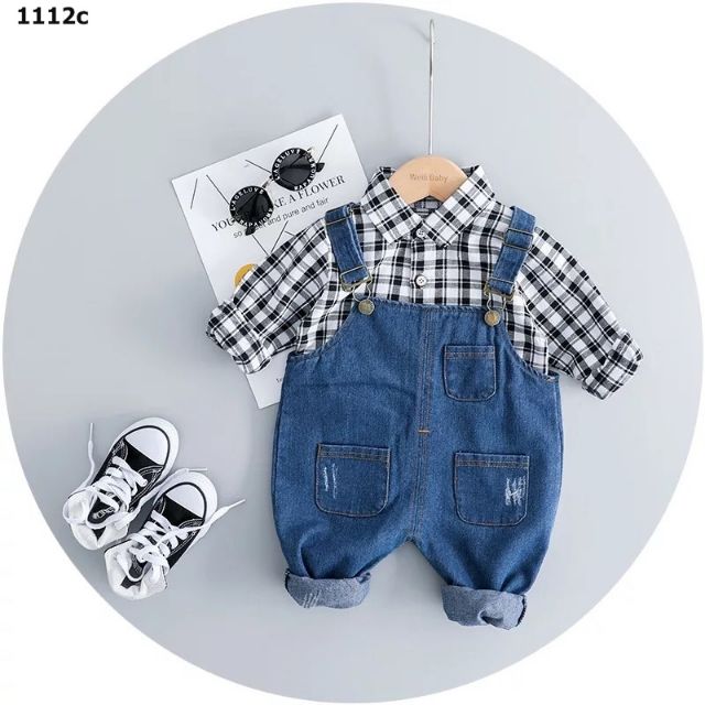 Set đồ bé trai bé gái yếm jean + áo sơ mi