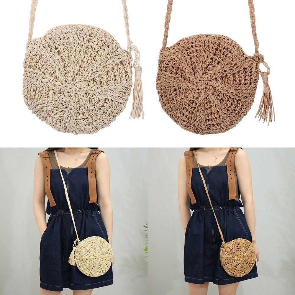 JUNE Fashion Straw Bag Shoulder Bags Summer Beach Bag Straw Handbag Handbag Knit Round Handmade Women Girl Rattan Woven/Multicolor