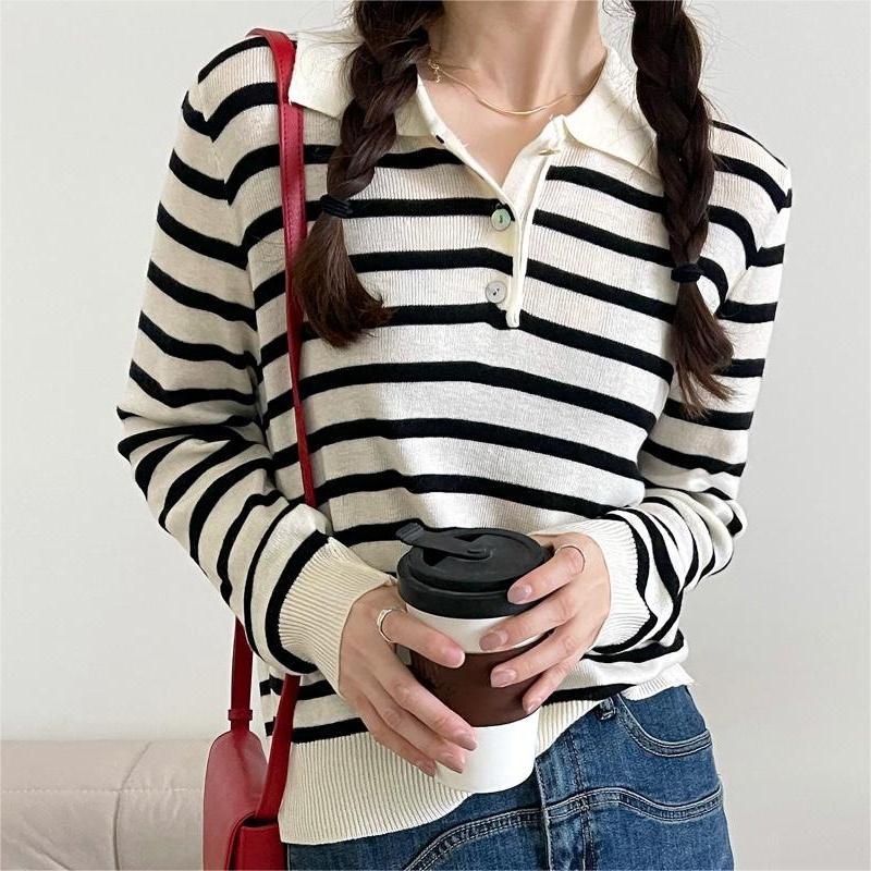 【ZHELIHANGFEI】Áo Len POLO Tay Dài Form Rộng Họa Tiết Sọc Dễ Phối Đồ