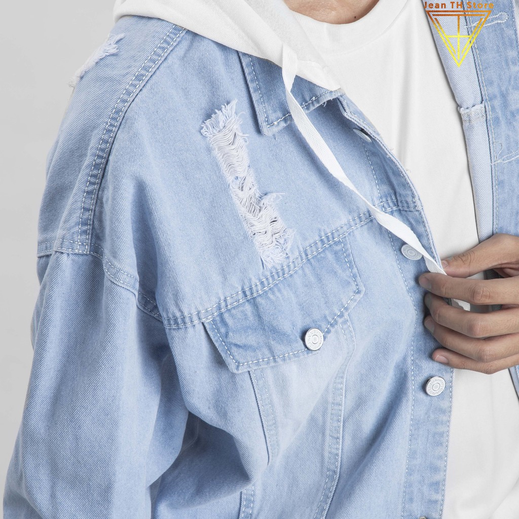 Áo khoác jean xanh phối nón nỉ trắng cao cấp, áo khoác bò phối mũ trẻ trung năng động | BigBuy360 - bigbuy360.vn