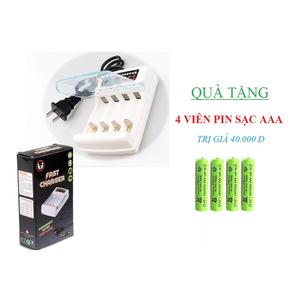 Bộ sạc pin dùng cho pin tiểu AA và pin đũa AAA + Tặng 4 pin AAA dùng cho Điều khiển từ xa Remote tivi, điều hòa, quạt..