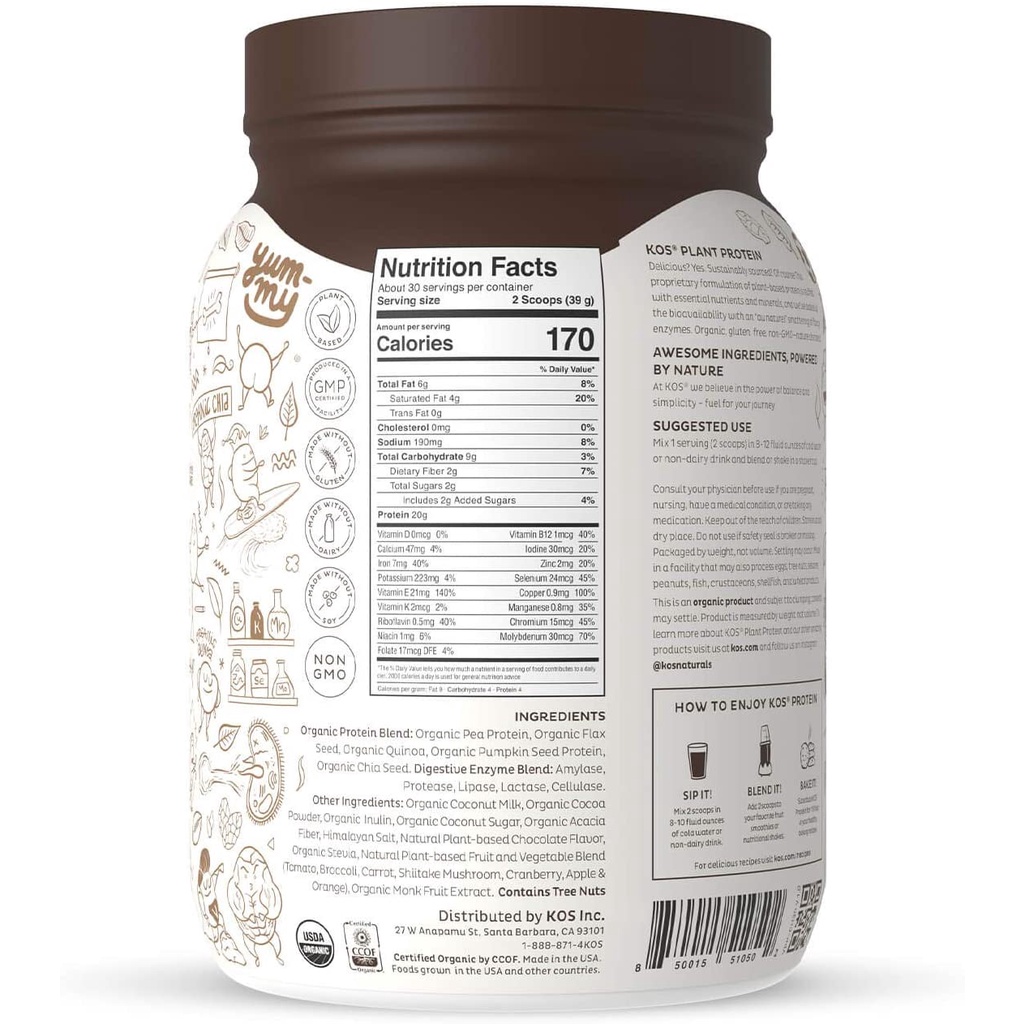 Bột KOS Organic Plant Based Protein Powder Chocolate 390g