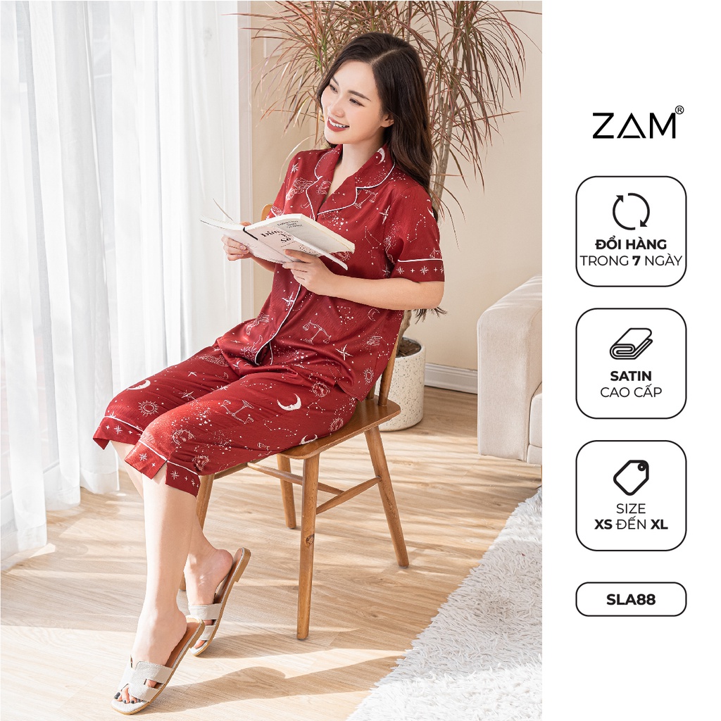 Bộ Pyjama satin ZAM Luxury - SLA88 - áo ngắn tay quần lửng hoạ tiết