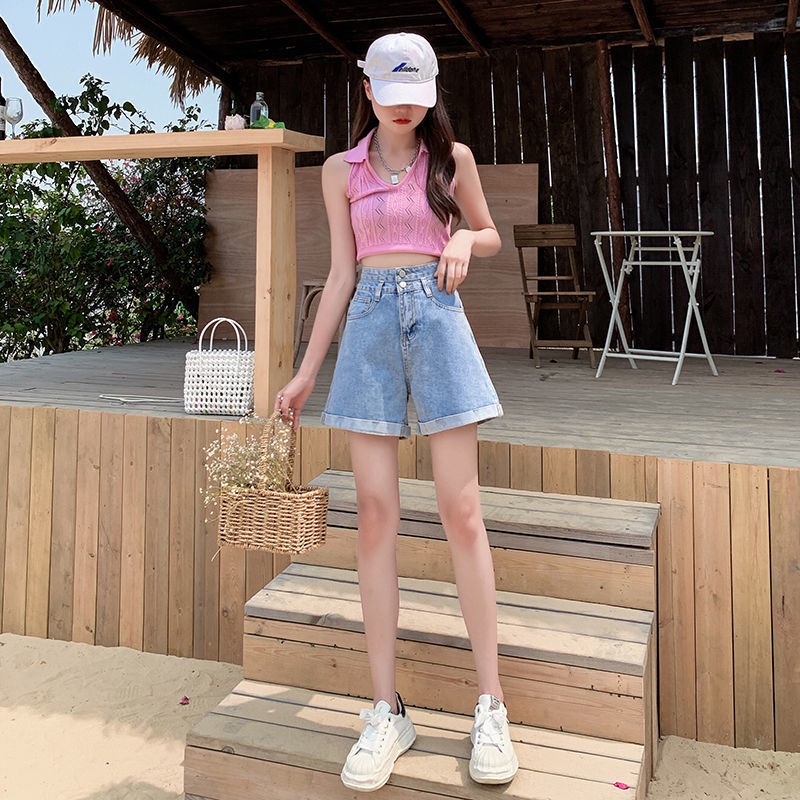 Quần Short Denim Ống Rộng Lưng Cao Thời Trang Mùa Hè Hàn Quốc Mới Cho Nữ