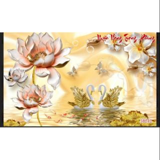 Tranh dán tường 3D đôi thiên nga uyên ương tương phùng KT 120x80cm