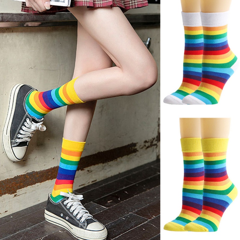 Xiangbao Vớ Cotton Họa Tiết Kẻ Sọc Cầu Vồng Nhiều Màu Sắc Phong Cách Harajuku Mới Lạ Dành Cho Nam Và