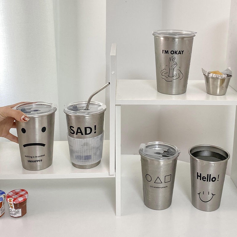 Cốc Uống Nước Bằng Thép Không Gỉ 304 Có Nắp Và Ống Hút Chống Rơi Tiện Dụng