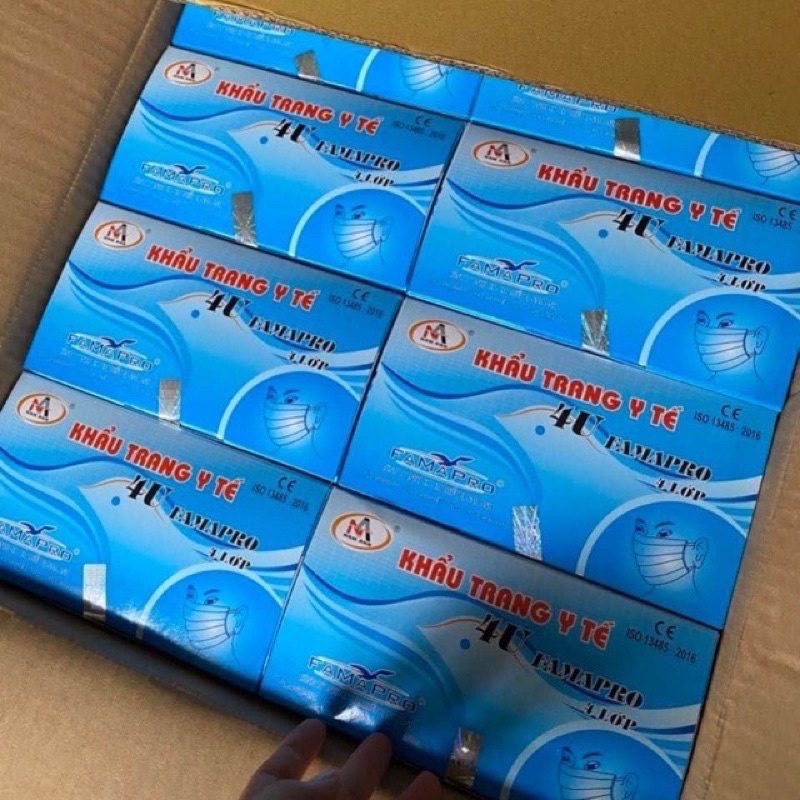 combo 50 hộp Khẩu trang y tế kháng khuẩn FAMAPRO 4U trắng và xanh , gồm 4 lớp: