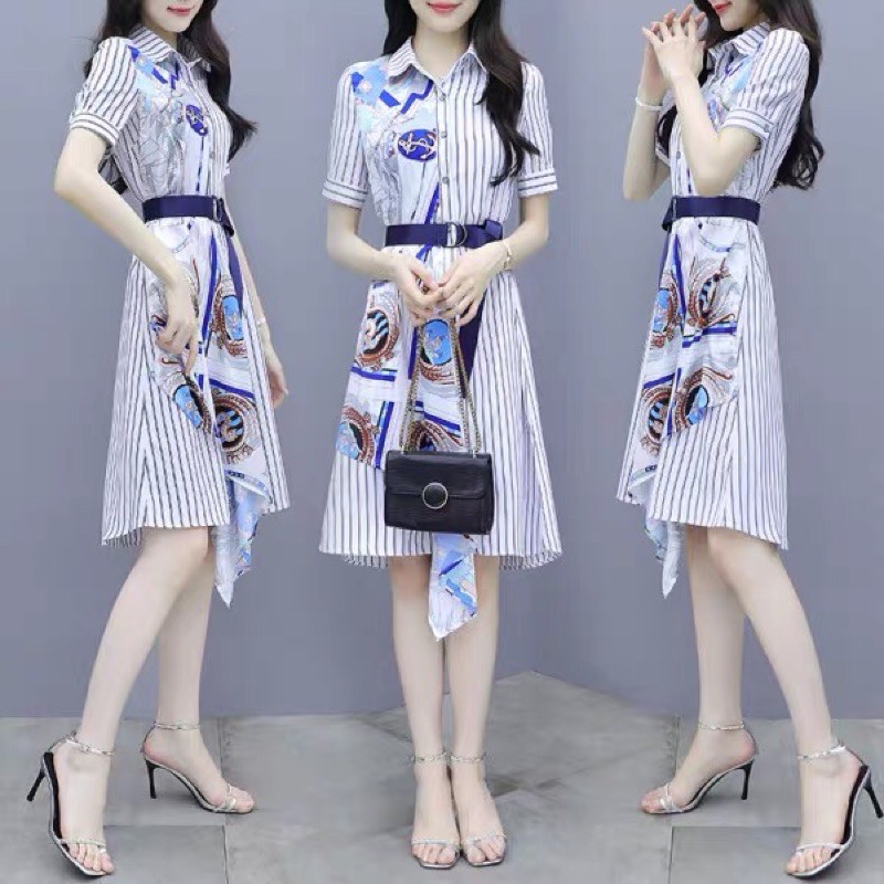 (Sẵn size L) Váy sơ mi kẻ sọc BIGSIZE tặng Belt dáng dài công sở phối họa tiết thiết kế Quảng châu