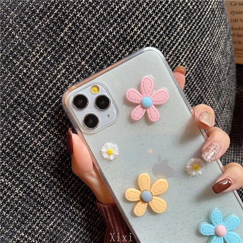 Casing Realme 7 Pro C15 C11 6 Pro 6i 5i 5 5s 5 Pro XT X2 C3 C1 2Pro Daisy Flower Clear Silicone Soft Case Fashion 3D Phone Case Epoxy Glitter Phone Case Shockproof Anti-fall Protective Back Cover