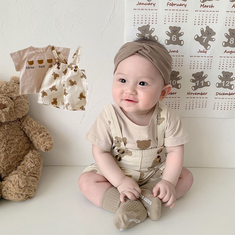 Set Áo Thun Tay Ngắn Hình Gấu + Quần Short Thời Trang Mùa Hè Cho Bé 0-3 Tuổi