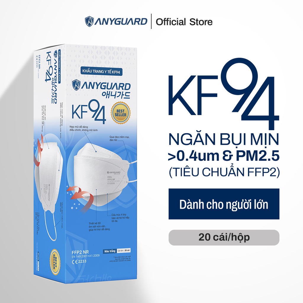 Hộp Khẩu Trang Y Tế Anyguard KF94 Tiêu Chuẩn FFP2, Ngăn Bụi Siêu Mịn & PM2.5 & Giọt Bắn Siêu Vi (Hộp 20 Chiếc)
