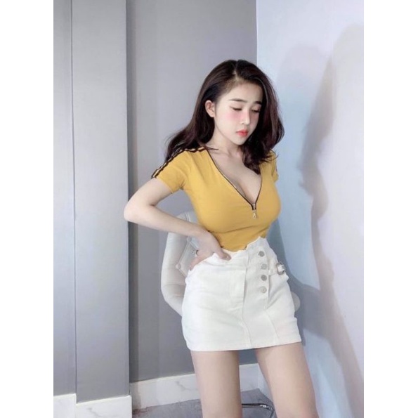 Áo thun croptop cổ trụ phối dây kéo cao cấp