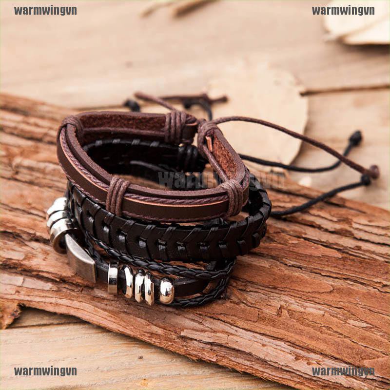 Set 6 Vòng Tay Da Bện Nhiều Lớp Phong Cách Vintage Cho Nam
