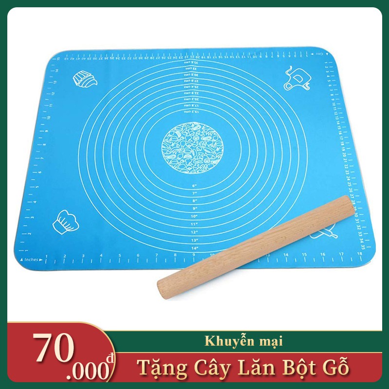 Tấm Lót Nhào Bột Chống Dính SIlicon 40x50cm + Tặng Cán Lăn Bột Bằng Gỗ