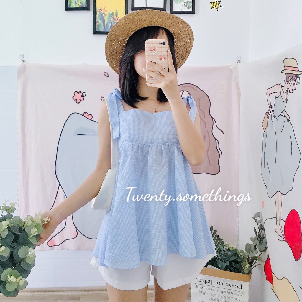 Set Áo Babydoll Kẻ Xanh + Quần Shorts (ảnh thật/sẵn/video)