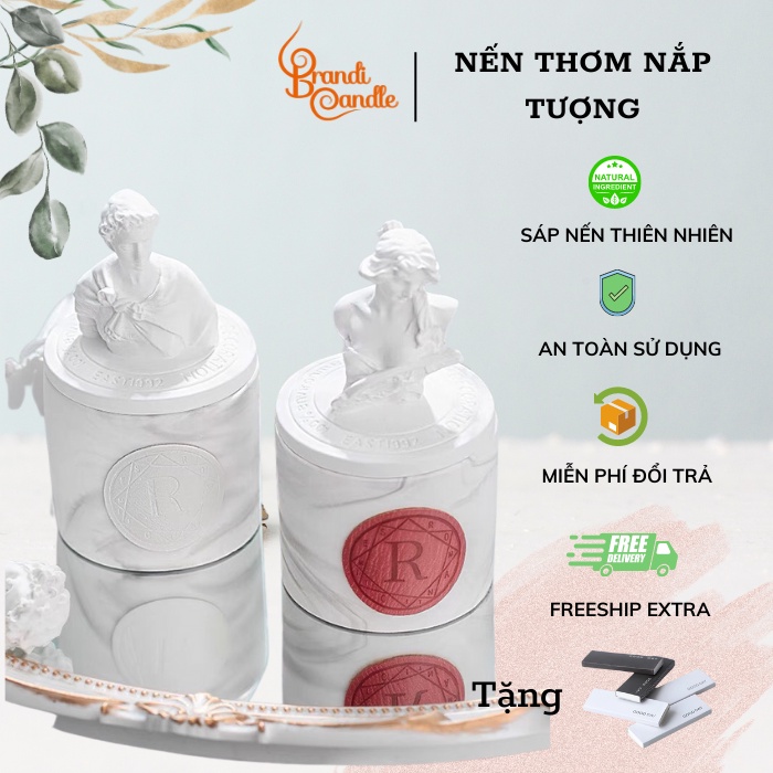 Nến thơm không khói sáp dừa hũ trắng nắp tượng thạch cao sang trọng