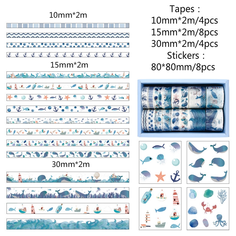Bộ 16 cuộn băng keo giấy washi kèm 8 nhãn dán trang trí đáng yêu