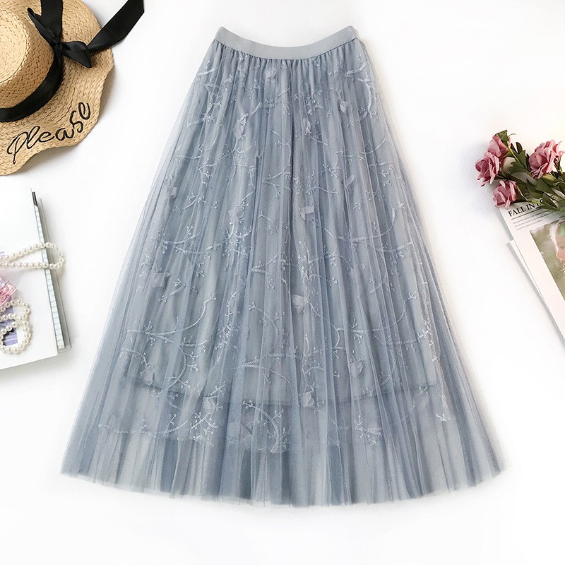 Váy xòe dáng dài 3 lớp dễ thương đính hoa nổi VAY84 free size