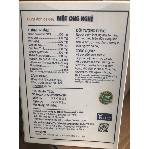 Dung dịch dạ dày mật ong nghệ y phúc hỗ trợ giảm acid dịch vị, giảm loét dạ dày, tá tràng