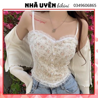 Áo Croptop 2 Dây Ren Hoa Nhí Đính Khuy Cúc Ngọc Kèm Mút Ngực Siêu Xinh