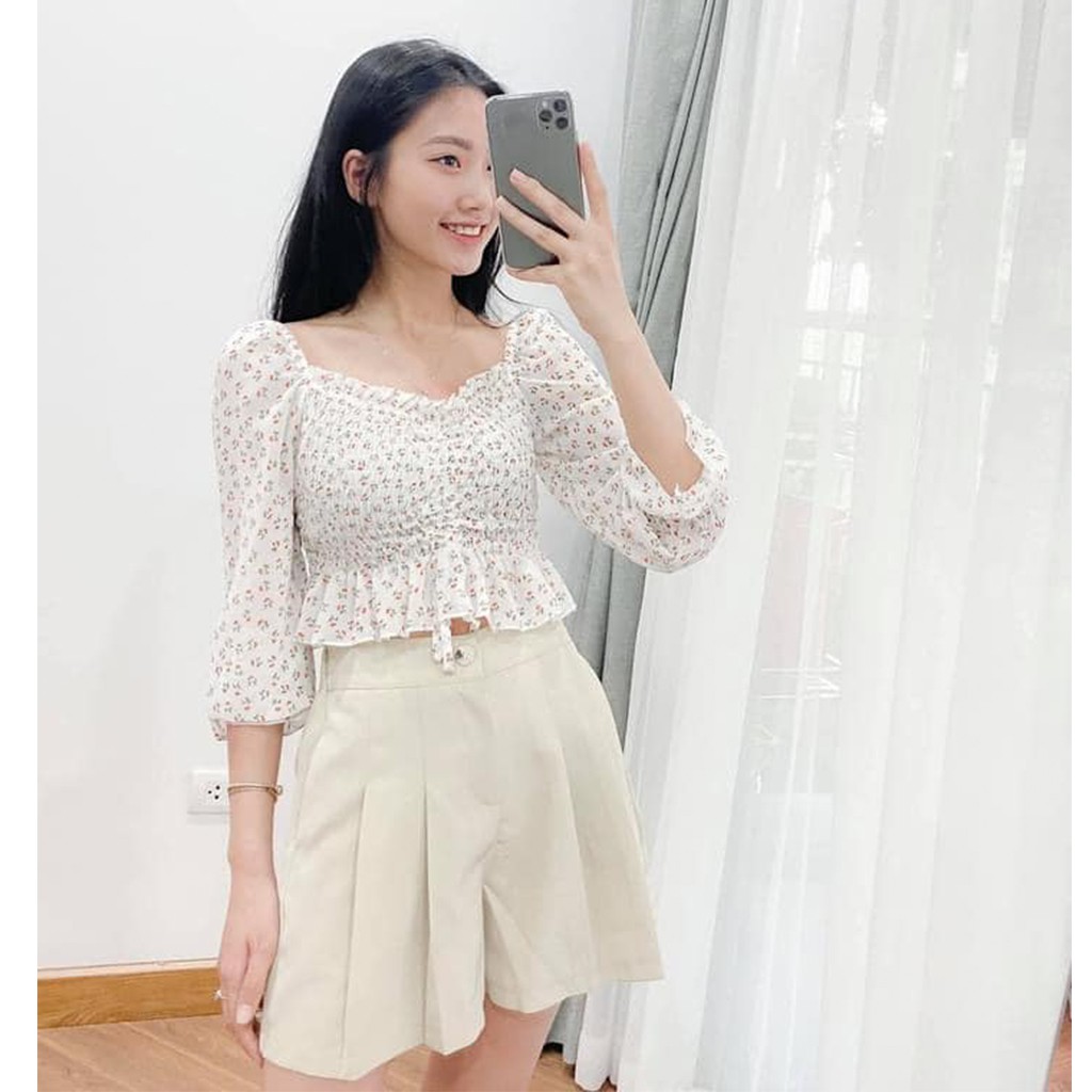 Áo voan Crotop dây rút hoa nhí HOT HIT siêu đẹp chakovet CKA841, siêu xinh kiểu áo ulzzang nhún ngực cá tính