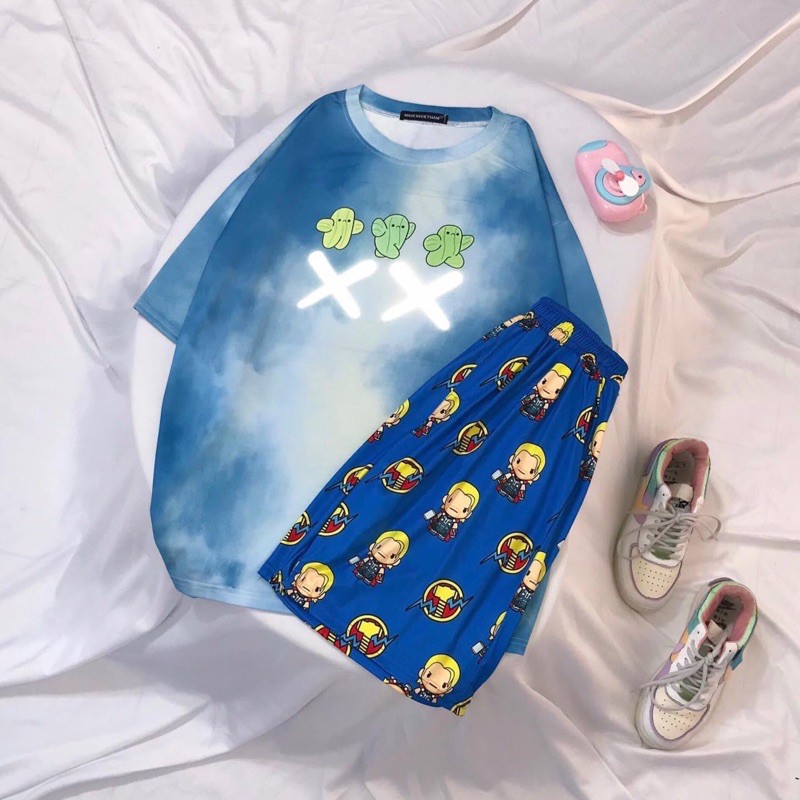 Set Ngày Hè Áo Thun TIE  Short Thun Cartoon(Ảnh Thật)