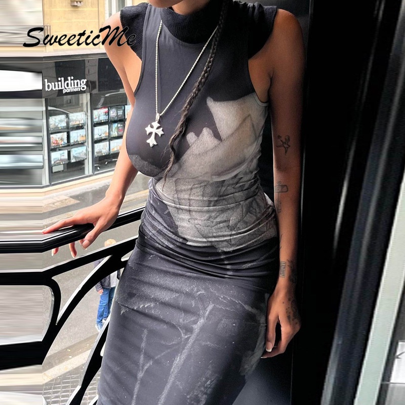 Đầm Cổ Tròn Không Tay Dáng Ôm In Họa Tiết Thời Trang   Gợi Cảm Cho Bạn Gái