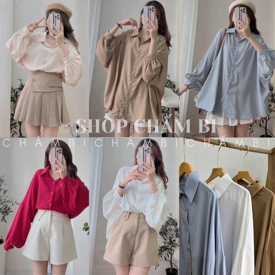 Áo sơ mi nữ tính A.287, Áo sơ mi lụa tay bồng bềnh dáng dài cách điệu phong cách basic - Chấm Bi Shop