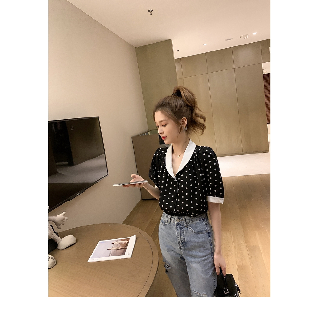 SUXI Áo Sơ Mi Chiffon Cổ V Tay Phồng Họa Tiết Chấm Bi Kiểu Retro Thời Trang Mùa Hè Cho Nữ