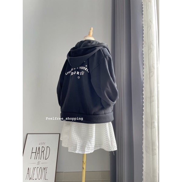 Áo Hoodie Zip Màu Đen Hình In Lót Bông Mặc Đi Học Đi Chơi (Hình Thật)