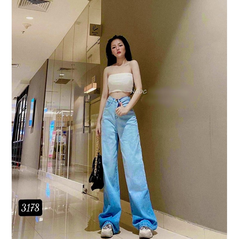 Quần jeans ống rộng lưng siêu cao, (Mã 3178) quần bò baggy ống rộng lưng cao phối màu, phai màu