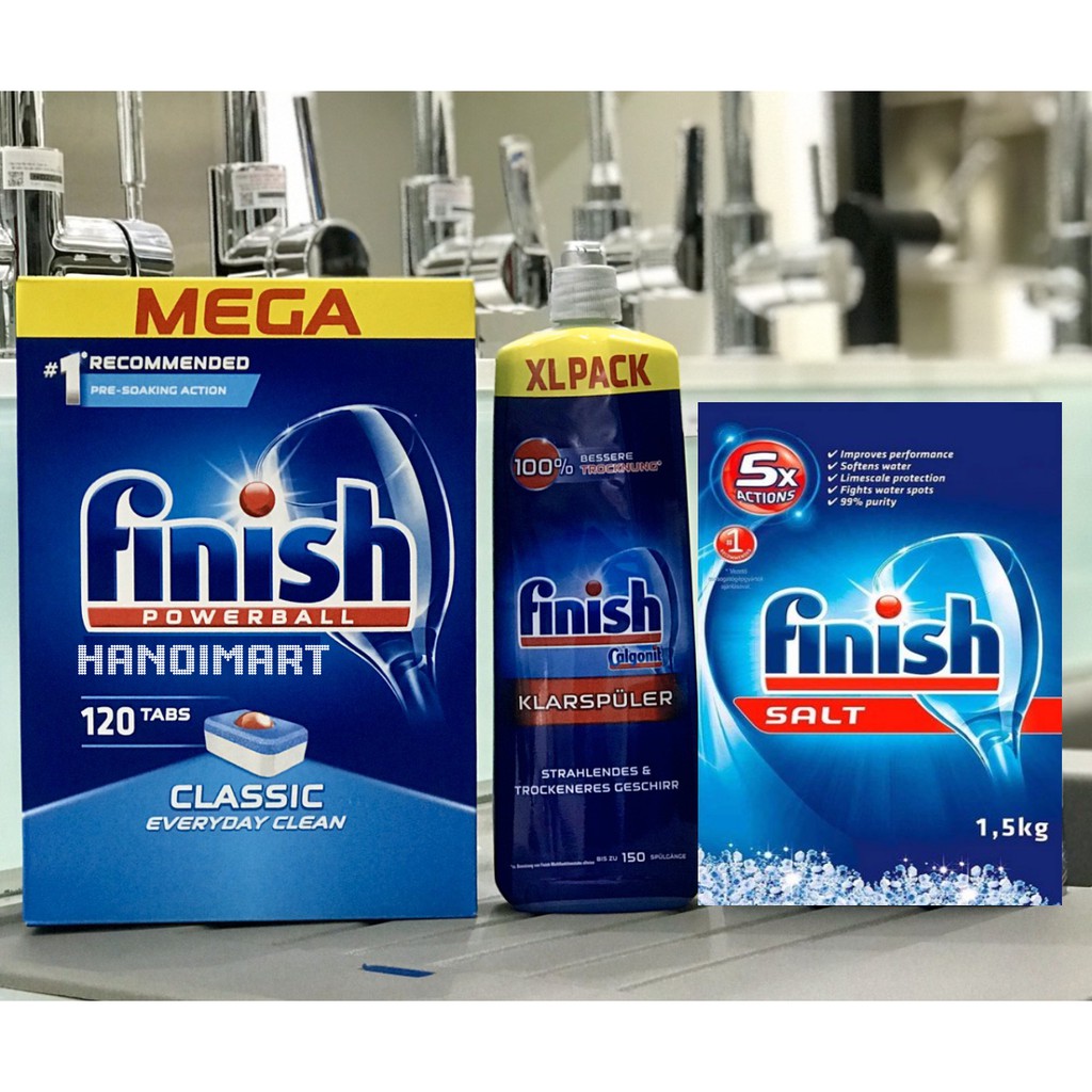 Combo 120 viên Finish+1.5kg muối rửa bát Finish+Bóng Finish 750ml dùng cho máy rửa bát chén