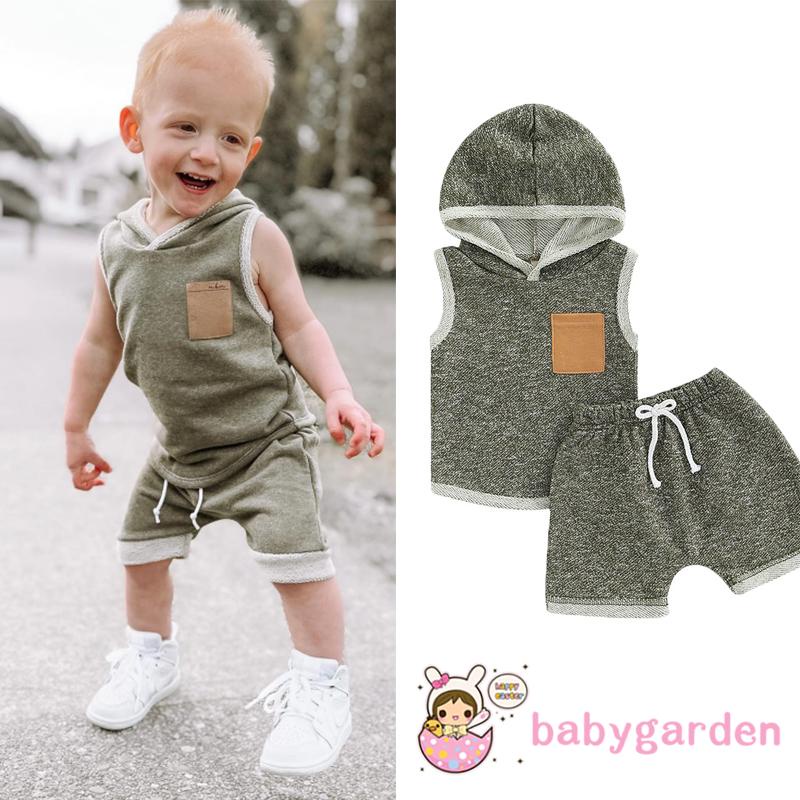 Bộ Áo Hoodie Sát Nách + Quần Short Lưng Cao Thời Trang Mùa Hè Cho Bé Trai 0-3 Tuổi