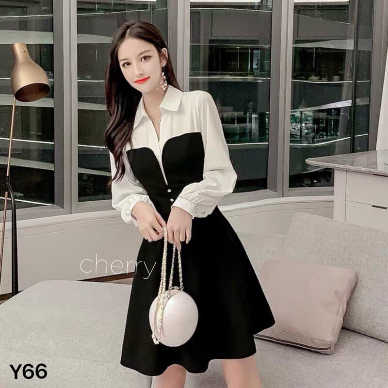 váy đen tay phối trắng Y66